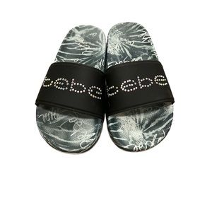 BEBE SLIDES SANDALS FLIP FLOPS - BLACK W/RHINESTONE LOGO - WOMENS SZ 6